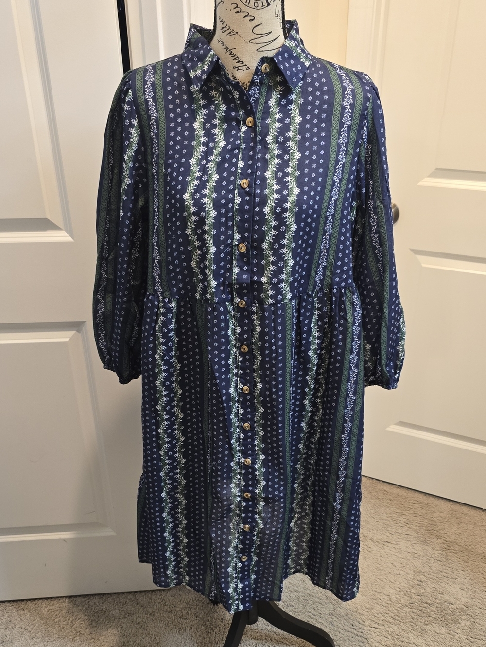 Polagram Navy and Green Striped Floral Midi Dress